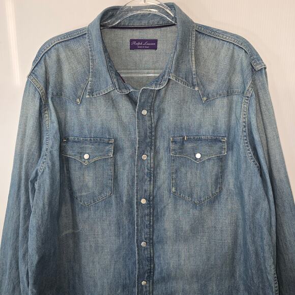 Ralph Lauren Purple Label Italian Made Western Denim Shirt Pearl Snap Men'sXXL - Picture 3 of 9